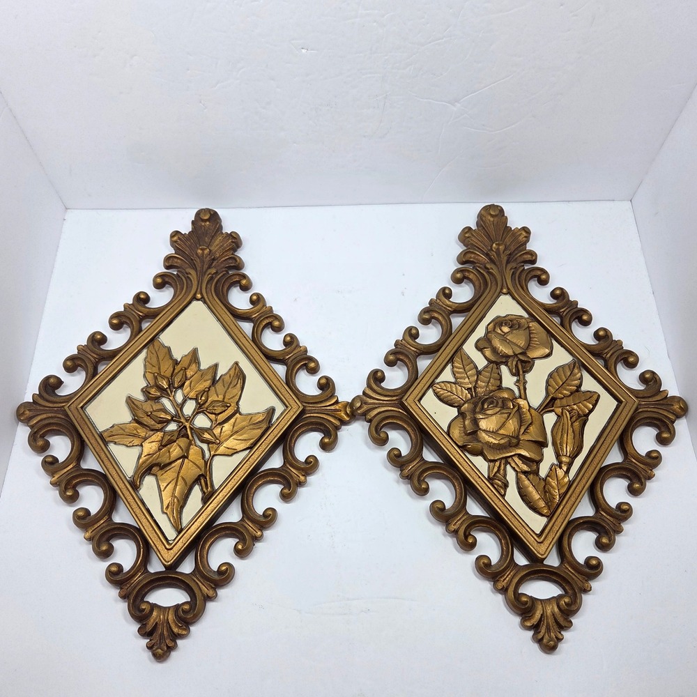 Vintage Homco Gold Diamond Floral Wall Plaques Set of 2 Rose Poinsettia 7582